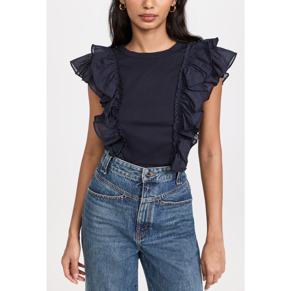 Veronica Beard Denim Jean Blue Cotton Bardot Ruffle Tee Size XS